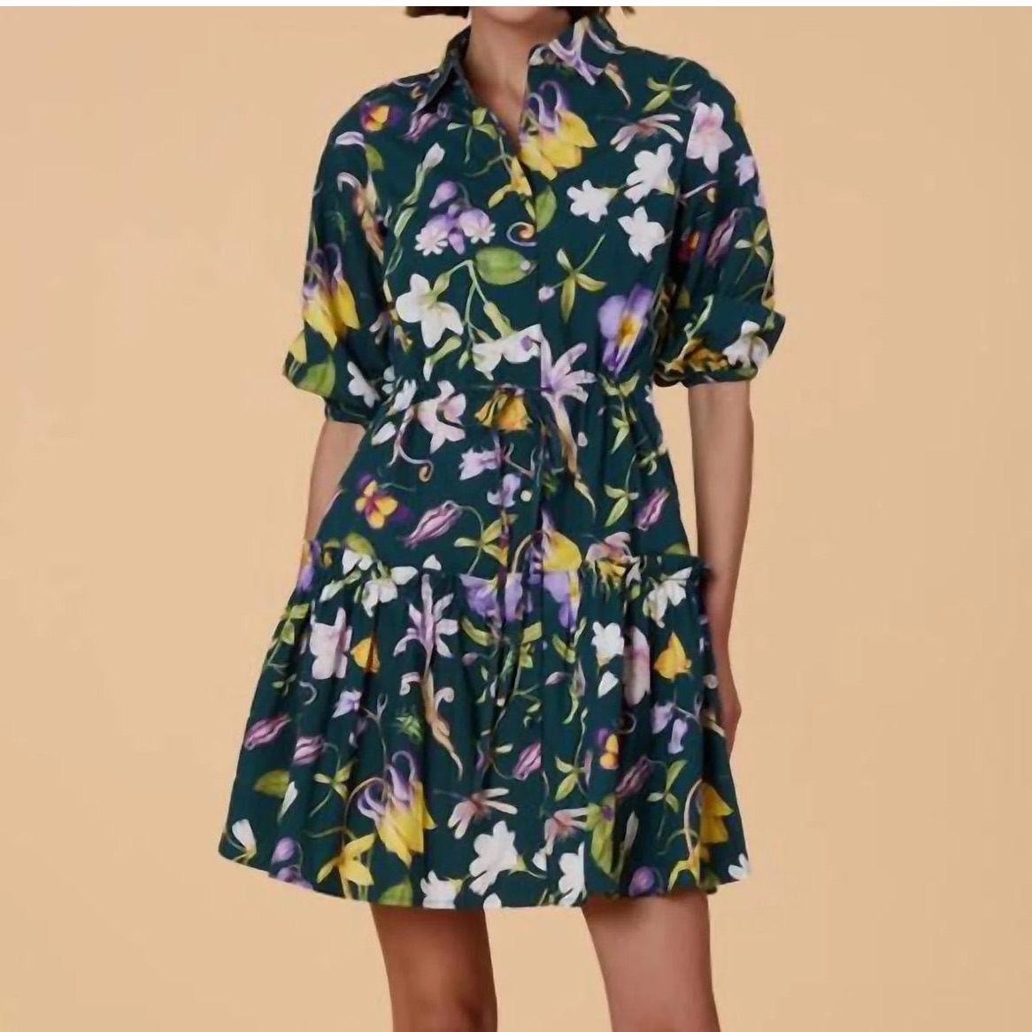 Nwt Olivia By Livro Brynn Dress Dark Green Floral Cotton Mini Dress Size Large